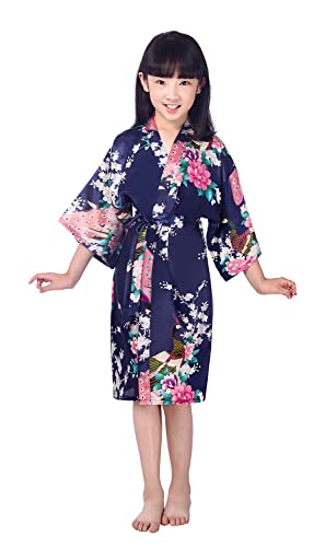 Westkun Mädchen Kimono Kinder Morgenmantel Satin Seide Japanisch Roben Kurze Blumen Muster Bademantel(Marine,Tag 10) von Westkun