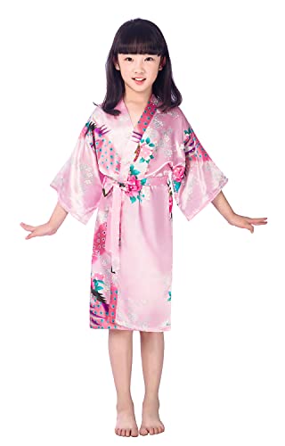 Westkun Mädchen Kimono Kinder Morgenmantel Satin Seide Japanisch Roben Kurze Blumen Muster Bademantel(Rosa,Tag 12) von Westkun