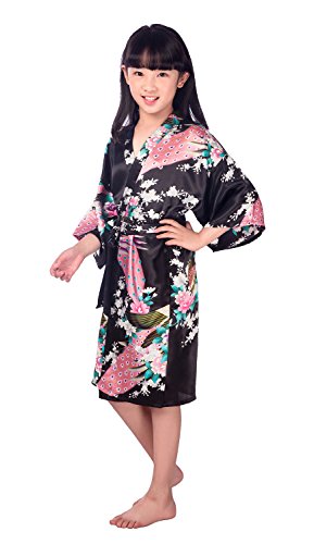 Westkun Mädchen Kimono Kinder Morgenmantel Satin Seide Japanisch Roben Kurze Blumen Muster Bademantel(Schwarz,Tag 12) von Westkun