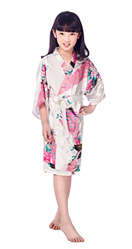 Westkun Mädchen Kimono Kinder Morgenmantel Satin Seide Japanisch Roben Kurze Blumen Muster Bademantel(Weiß,Tag 10) von Westkun