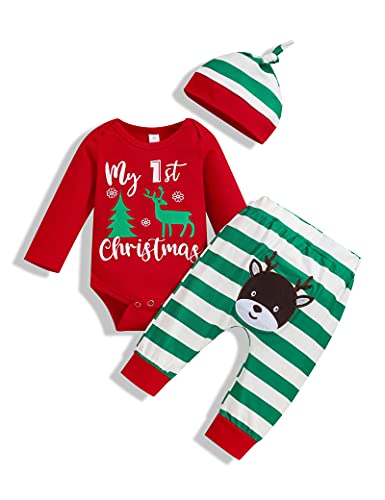 Wexuua My First Christmas Baby Mädchen Jungen Roter Strampler mit gestreifter Hose und Hut 3-teiliges Neugeborenen-Outfit-Set von Wexuua