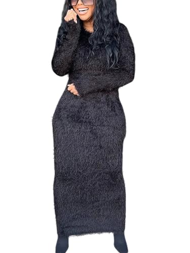 Weyalir Damen Maxikleider Rundhalsausschnitt -Hals Pullover Kleid Flauschiges Fleece Lässig Frauen Lange Ärmel Winter Schwarz M von Weyalir