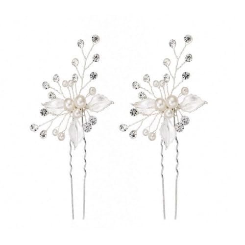 2 Stück Strass Haarnadeln mit Perlen,Braut Brautjungfer Kopfschmuck Haarspange Braut,Blume Haarschmuck für Frauen und Mädchen,Haar-Accessoires für Hochzeit,Party,Kommunion,Bankett,Silber Haarnadel von Whakano