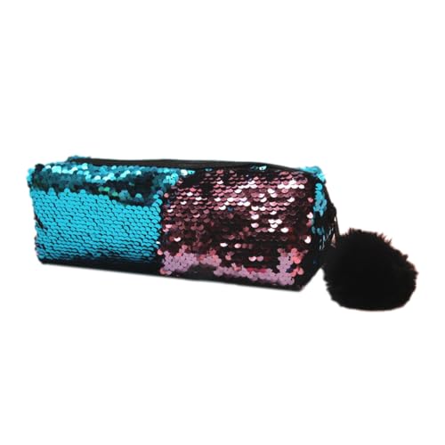 Glitzer Pailletten Federmäppchen mit Plüschball,Bleistift Wrap Kasten,Federtaschen Unisex,Tragbare Mäppchen Organizer,Kapazität Pencil Case für Künstler,Schule & Büro,Schulmäppchen,Blau Hellrosa von Whakano