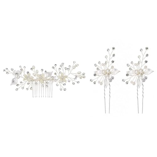 Perlen Strass Haarnadeln Set,Braut Haarnadel Haarkämme,Kopfschmuck Haarspange Braut,Blume Haarschmuck für Frauen und Mädchen,Haar-Accessoires für Hochzeit,Party,Kommunion,Bankett,Silber von Whakano