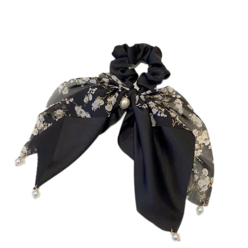 Schleife Scrunchies Haargummis Damen mit Perlen,Gummibänder Haarbänder,Elastische Dicke Bänder für Haare,Haare Ringe Haarschmuck,Pferdeschwanzhalter,Hair Accessories für Mädchen Damen,Schwarz von Whakano