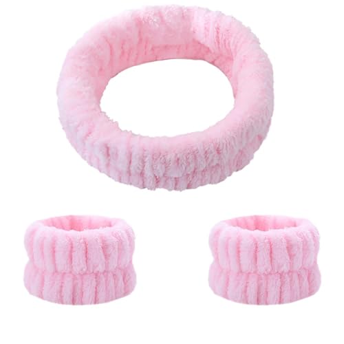 Spa Gesichts Stirnband Damen,Elastic Haarband,Coral Fleece Makeup Haarbänder,Waschen Gesicht Set,Gesicht Wasch Armbänder Haarreif für Gesicht Waschen Dusche Sport Hautpflege,Rosa von Whakano