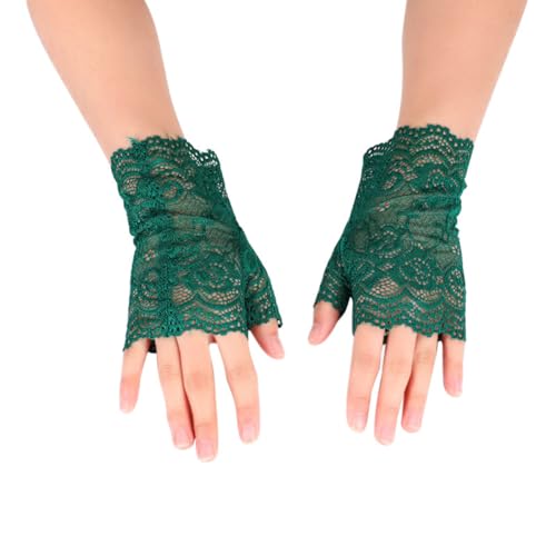 Whakano 1 Paar Damen Fingerlose Spitzen Handschuhe,Kurze Hochzeitshandschuhe,Kurz Geschnittene Fingerlose Gloves Damen Mädchen Braut,für Halloween,Bankett,Party,Hochzeit,Tea Party Zubehör,Dunkelgrün von Whakano