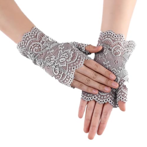 Whakano 1 Paar Damen Fingerlose Spitzen Handschuhe,Kurze Hochzeitshandschuhe,Kurz Geschnittene Fingerlose Gloves Damen Mädchen Braut,für Halloween,Bankett,Party,Hochzeit,Tea Party Zubehör,Grau von Whakano