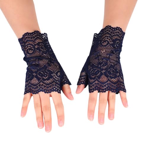 Whakano 1 Paar Damen Fingerlose Spitzen Handschuhe,Kurze Hochzeitshandschuhe,Kurz Geschnittene Fingerlose Gloves Damen Mädchen Braut,für Halloween,Bankett,Party,Hochzeit,Tea Party Zubehör,Navy blau von Whakano