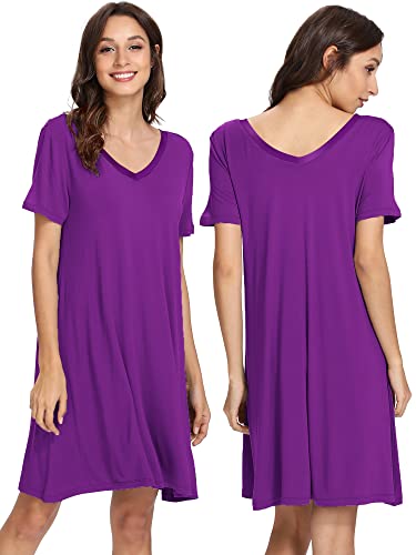 WiWi Nachthemd aus weicher Bambusviskose, für Damen, V-Ausschnitt, Schlafhemden, Übergröße, Pyjama, kurzärmelig, Nachtwäsche, Größe S-4XL, violett, 42 von WiWi
