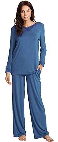 WiWi Weiches Bambus-Pyjama-Set für Damen, langärmelig, Nachtwäsche, locker, bequem, Pyjama-Set mit Hose, Übergröße, Loungewear, S-4XL, A-Preußisches Blau, XXL von WiWi