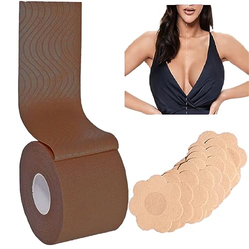 Wieysdoo Brust Boob Tape BH Lift Up Selbstklebendes Push-Up-Band Brustpasteten mit 5 Paar Brustwarzenabdeckungen DIY Lift Tape für A-E Cups Brown von Wieysdoo