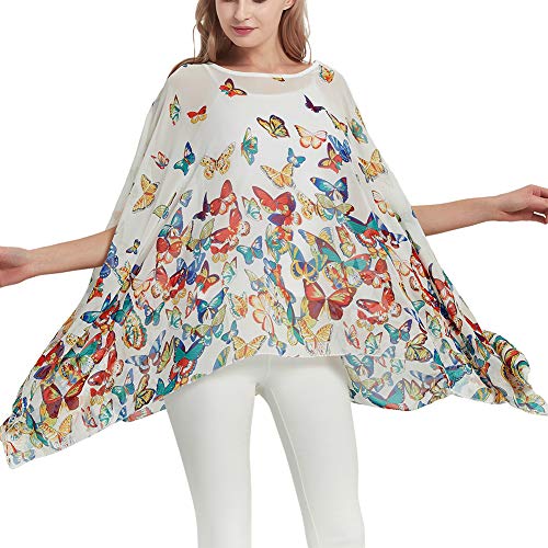 Wiiiwish Damen-Chiffon-Bluse mit Blumenmuster, Fledermausärmel, Sommer, Hippie, durchsichtig, locker, Kaftan, Poncho, Tunika, Hemd, Tops, Schmetterlinge, weiß, Einheitsgröße Wiiiwish Damen-Chiffon-Bluse mit Blumenmuster, Fledermausärmel, Sommer, Hippie, durchsichtig, locker, Kaftan, Poncho, Tunika, Hemd, Tops, Schmetterlinge, weiß, Einheitsgröße von Wiiiwish