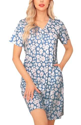 Wikoan Damen Nachthemd Baumwolle Schlafhemd Kurzarm T-Shirt Schlafshirt Sommer Nachtwäsche mit Zierknöpfen Schlafshirt Sleepshirt Blauer Punkt M von Wikoan