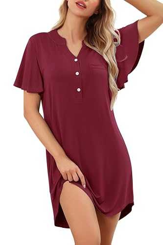 Wikoan Damen Nachthemd Kurzarm Schlafshirt Damen Kurz Knopfmit V-Ausschnitt Stillnachthemd Sommer für Frauen Rüschen Nightdress Burgunderrot XXL von Wikoan