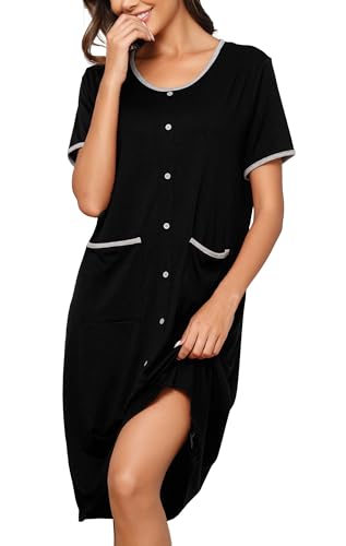 Wikoan Damen Nachthemd Sleepshirt Kurzarm Stillnachthemd Gestreiftes Nachthemd mit Dekor Knöpfe Nachtwäsche mit Taschen Schwarz M von Wikoan