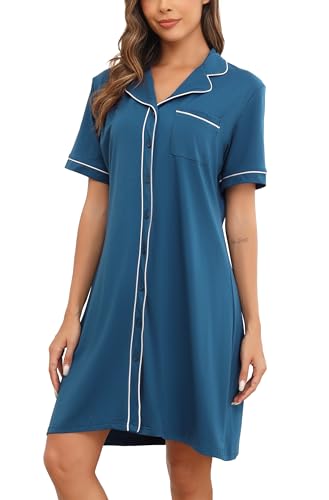 Wikoan Damen Nachthemd V-Ausschcnitt Nachtkleid Kurzarm Nachtwäsche Negligee Weich Umstandskleid Stillnachthemd Nachtkleid Kobalt Blau M von Wikoan