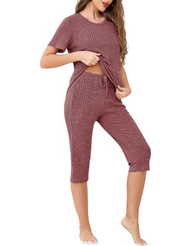 Wikoan Damen Pyjama Sommer Rippen Kurzer Schlafanzug Shorty Nachtwäsche Kurzarm T Shirt und 3/4 Hose Schlafanzüge Hausanzug Burgunderrot XXL Wikoan Damen Pyjama Sommer Rippen Kurzer Schlafanzug Shorty Nachtwäsche Kurzarm T Shirt und 3/4 Hose Schlafanzüge Hausanzug Burgunderrot XXL von Wikoan