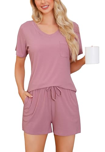 Wikoan Damen Schlafanzug Kurz Kuschelig Pyjama Set V-Ausschnitt Lounge Set Sommer Hausanzug Schlafanzüge Nachtwäsche Bohne Rosa M von Wikoan