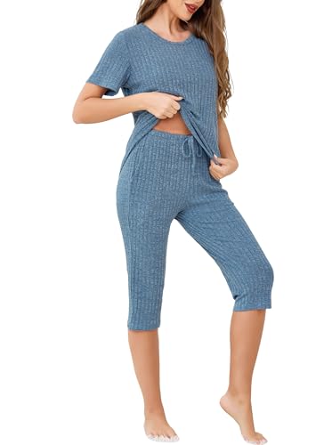 Wikoan Damen Schlafanzug Kurz Pyjama Set Nachtwäsche Kurzarm Top und 3/4 Hose Shorty Pyjama Damen Sommer Hausanzug mit Taschen Kobaltblau XL Wikoan Damen Schlafanzug Kurz Pyjama Set Nachtwäsche Kurzarm Top und 3/4 Hose Shorty Pyjama Damen Sommer Hausanzug mit Taschen Kobaltblau XL von Wikoan
