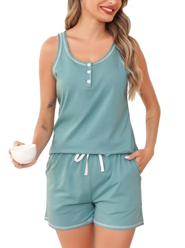 Wikoan Kurzer Schlafanzug Damen Baumwolle Pyjama Ärmellos Zweiteiliger Shorty Pyjama Set Nachtwäsche Frauen Sommer Sexy V-Ausschnitt mit Knöpfen Hellgrün S Wikoan Kurzer Schlafanzug Damen Baumwolle Pyjama Ärmellos Zweiteiliger Shorty Pyjama Set Nachtwäsche Frauen Sommer Sexy V-Ausschnitt mit Knöpfen Hellgrün S von Wikoan