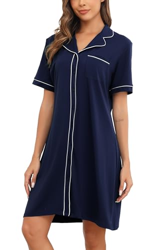 Wikoan Nachthemd Damen Kurzarm Weich Nachthemden Baumwolle Schlafshirt Damen Nachtkleid V-Ausschnitt Nachtwäsche Frauen Marine Blau XXL von Wikoan