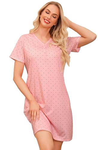 Wikoan Nachthemden für Damen Kurzarm Schlafhemd V-Ausschcnitt Nachtwäsche Sommer Schlaf Tshirt Damen Schlafshirt Sleepshirt mit Taschen Rosa Punkt L von Wikoan