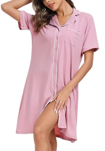 Wikoan Nachtwäsche für Damen Nachthemd Baumwolle Kurz Schlafshirt V Ausschnitt Nachtkleid Schlafkleid Stillnachthemd Rosa S von Wikoan