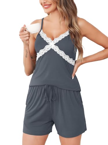 Wikoan Pyjama Damen Kurz Schlafanzug Sexy Zweiteiliger Lounge Set V-Ausschnitt Shorty Pyjama Spitze Sommer Nachtwäsche Frauen Dunkelgrau M Wikoan Pyjama Damen Kurz Schlafanzug Sexy Zweiteiliger Lounge Set V-Ausschnitt Shorty Pyjama Spitze Sommer Nachtwäsche Frauen Dunkelgrau M von Wikoan