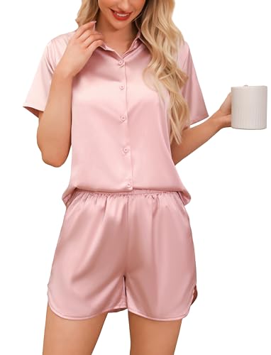 Wikoan Satin Pyjama Damen Kurz Kuschelig Schlafanzug Zweiteiliger Pyjama Set Hausanzug für Frauen Kurzarm Loungewear Set Hellrosa L von Wikoan