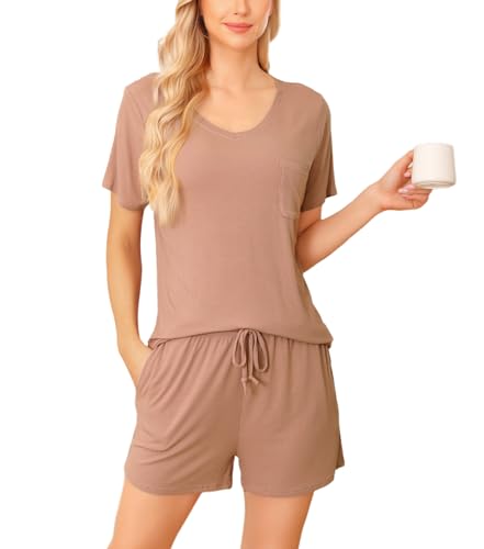 Wikoan Schlafanzug Damen Kurz Pyjama Set Zweiteiliger Set Sommer Hausanzug Damen V-Ausschnitt Lounge Set Pyjamas Schokolade XL von Wikoan