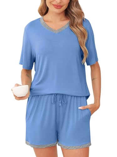 Wikoan Schlafanzug Damen Kurz Pyjama Sommer Zweiteiler V Aussschnitt Nachtwäsche Frauen Kurzarm Weich Shorty Schlafanzug mit Taschen Hellblau XXL Wikoan Schlafanzug Damen Kurz Pyjama Sommer Zweiteiler V Aussschnitt Nachtwäsche Frauen Kurzarm Weich Shorty Schlafanzug mit Taschen Hellblau XXL von Wikoan