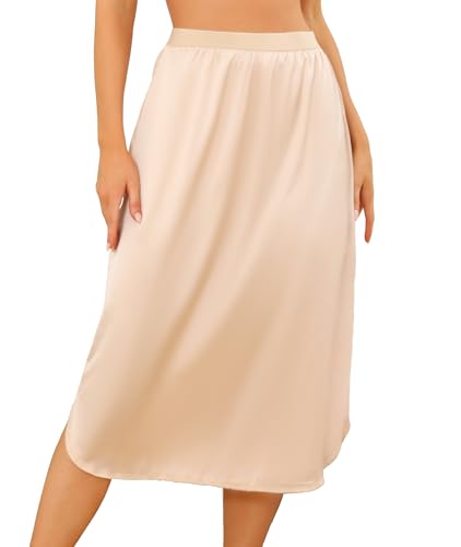 Wikoan Unterrock Lang Satin Rock Unterkleider für Damen mit Spitze Elastische Taille Halbe Slips Petticoat Kleid Nude XXL von Wikoan