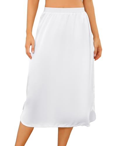 Wikoan Unterrock Lang Satin Rock Unterkleider für Damen mit Spitze Elastische Taille Halbe Slips Petticoat Kleid Weiß L von Wikoan