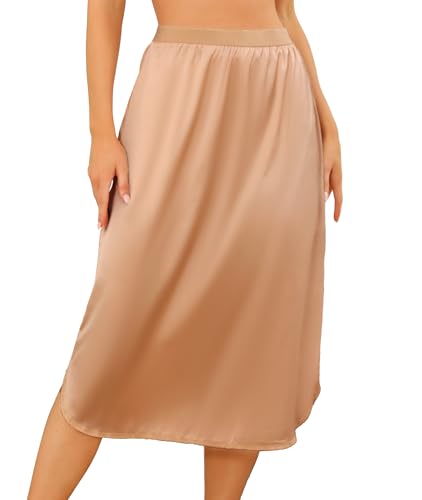 Wikoan Unterrock für Damen Lang Petticoat Elegantes Unsichtbar Underskirt Spitze Weich Kleid Satin Rock Unterkleid Dunkel Champagner XL von Wikoan