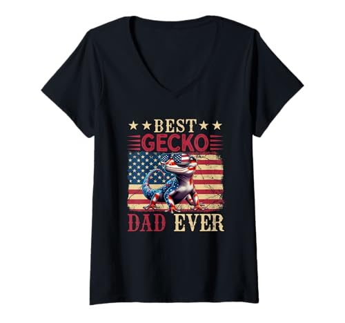 Damen Vintage Best Gecko Dad Ever 4th Juli Sonnenbrille US-Flagge T-Shirt mit V-Ausschnitt Damen Vintage Best Gecko Dad Ever 4th Juli Sonnenbrille US-Flagge T-Shirt mit V-Ausschnitt von Wild Animal Father's Day Costume