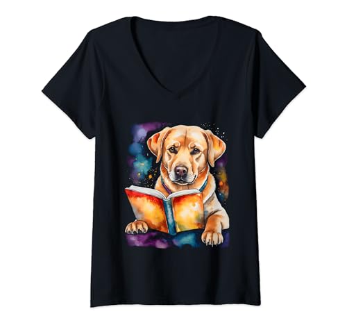 Damen Labrador Retriever Lesen Buch Hund Aufdruck Design Print T-Shirt mit V-Ausschnitt von Wild Life Merch