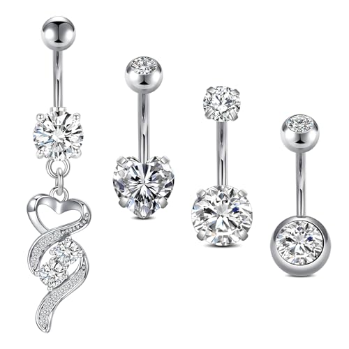 WillTen 14G Bauchnabelpiercing Silber, 4PCS 10mm Bauchnabelpiercing Chirurgenstahl mit Dangly/Heart/Runde Form, Piercing Bauchnabel für Frauen Mädchen von WillTen