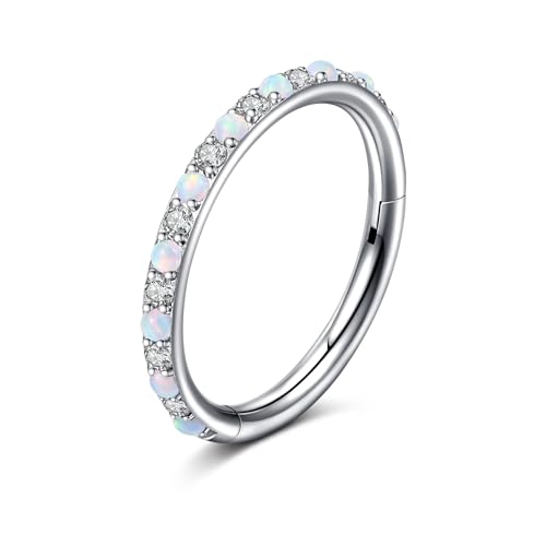 WillTen 16G Nasenpiercing Ring Silber, 8mm CZ Opal Septum Piercing Chirurgenstahl Scharnier Klicker Segment Nase Ringe Knorpel Helix Tragus Conch Rook Piercing Schmuck für Frauen Mädchen von WillTen