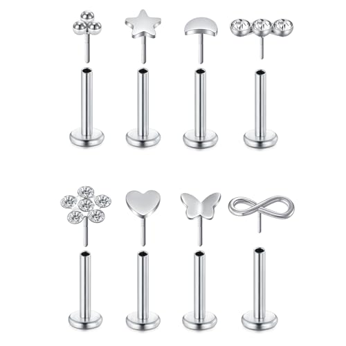 WillTen 8PCS Tragus Piercing Silber, 16G 6mm Tragus Piercing Chirurgenstahl mit Cubic Zirkonia, Piercing Ohr Lippenpiercing Knorpel Helix Piercing Schmuck für Frauen Mädchen von WillTen