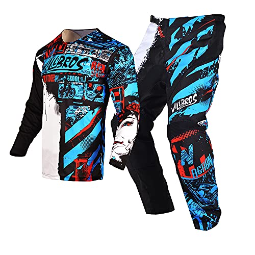 Willbros Motocross Jersey Hose Combo Trousers Herren MX Getriebesatz Reiten Ride Schwarz Blau Dirt Bike Offroad Rennen Blau(Jersey Erwachsene L/Pants W34) von Willbros