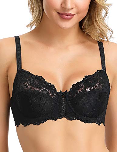 Wingslove Damen BH mit Bügel Vollschalen Floraler Spitze BH ohne Polster Soft Cup(Schwarz 36B/80B) von Wingslove