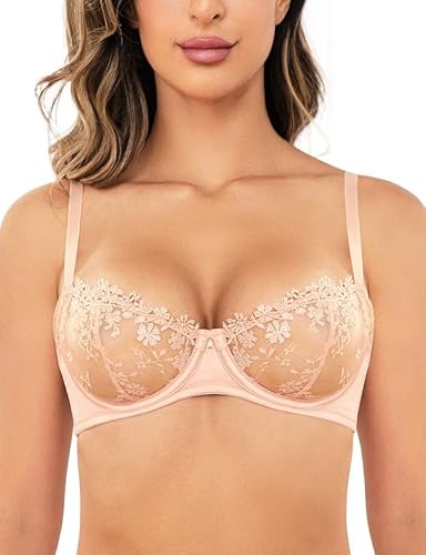 Wingslove Damen BH mit Bügel Floraler Spitze BH Weiche Sexy Durchsichtiger BH Balconette Lace Bra ohne Gepolster （Rosa Nude, 75B von Wingslove