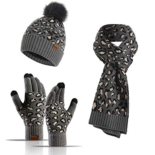 Wintermütze, Schal, Handschuhe, Set für Damen und Herren, Strick-Fleece, Touchscreen-Handschuhe, Beanie-Mütze, Skimütze, 3-teiliges Set, Leopard Grau, Einheitsgröße von Winmany