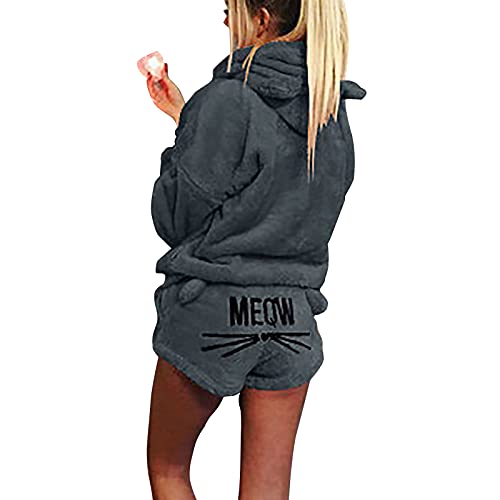 Damen-Schlafanzug mit Katzen-Stickerei, 2 Stück, Winter, niedlich, Mädchen, Kapuze, Nachtwäsche, Katzenohren, Bademantel, lange Ärmel, Shorts, Fleece, Trainingsanzug, grau, 36 von Winmany