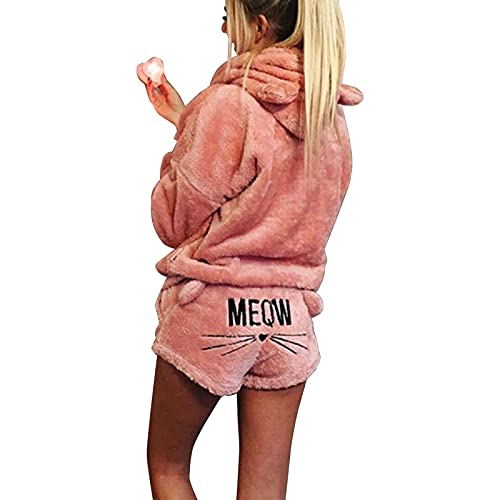 Damen-Schlafanzug mit Katzen-Stickerei, 2 Stück, Winter, niedlich, Mädchen, Kapuze, Nachtwäsche, Katzenohren, Bademantel, lange Ärmel, Shorts, Fleece, Trainingsanzug, rose, 46 von Winmany