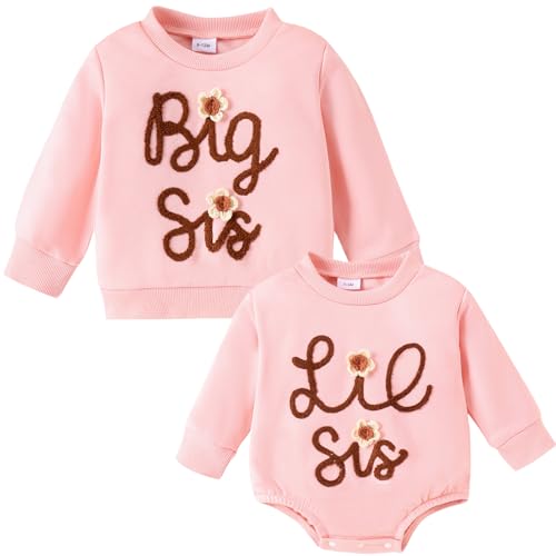Große Schwester Kleine Schwester Passende Outfits Großes Schwesterchen Pullover Sweatshirt Lil Sis Strampler mit langen Ärmeln für Mädchen Baby (6-12M, Pink Lil Sis, 1) von Winmany