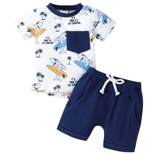 Winmany Kleiner Junge Sommerkleidung Kleinkind Jungen Baumwolle Oberteil Shirt Kurzes Set Baby Casual Strand Outfits 0-3T (2, Haifisch, 2-3T) von Winmany