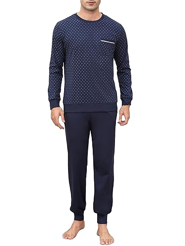 Winovia Herren Schlafanzug lang Zweiteiliger Pyjama Baumwolle Nachtwäsche Nightwear Set mit Bündchen, Bedruckt, Rundhals Design, Langarmshirt und Schlafanzughose für Männer Dunkelblau M von Winovia